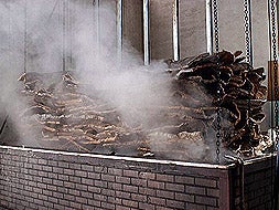 Proceso de cocido de las planchas de corcho en una industria extremeña.|HOY/