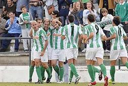 Los jugadores del Extremadura celebran uno de los goles que le dieron el pase a la eliminatoria final por el ascenso. :: ELIBERTO REVERTER/