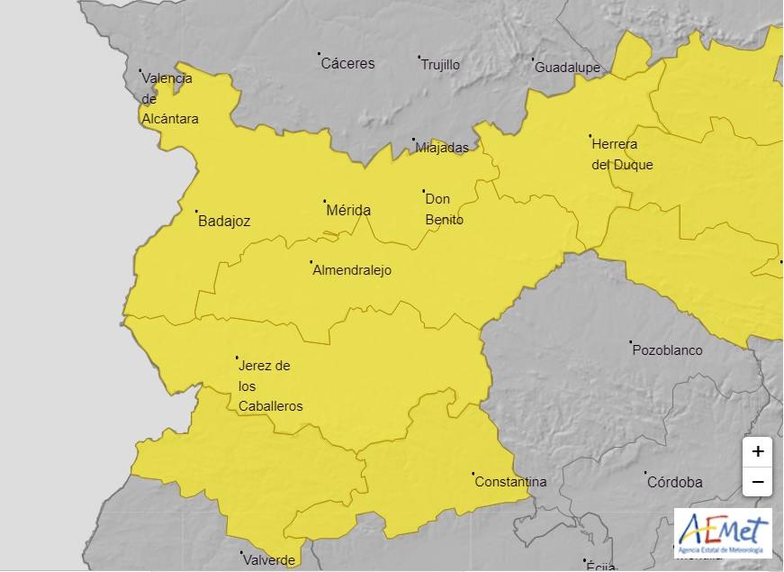 Mapa de la alerta amarilla por tomentas en la provincia de Badajoz /Hoy