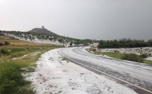 Granizo caído en Feria el pasado día 1. La tormenta afectó a campos de olivos y almendros. :: HOY/