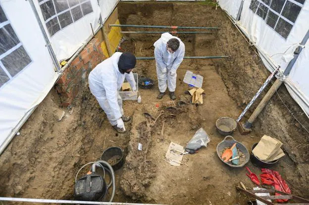 Trabajos de exhumación en la fosa común del cementerio de Fuentes de León. / HOY
