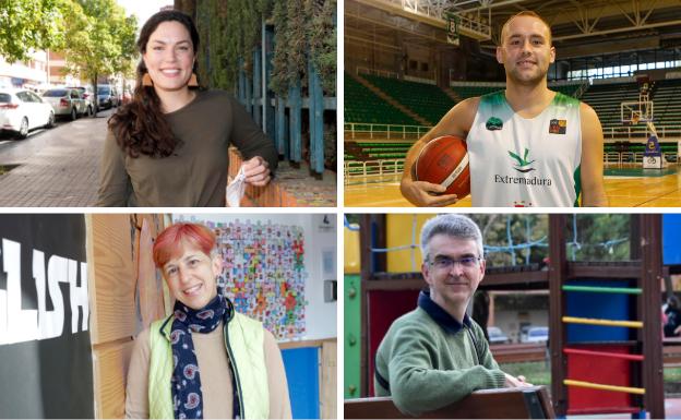 Arriba izq. Rebecca Landry es escritora y llegó a Cáceres hace cuatro años. | Arriba der. Devin Schmidt es escolta en el Cáceres Ciudad de Baloncesto | Abajo izq. Betsey Stolzfus es profesora y lleva 20 años en Cáceres. | Abajo der. James Briscoe vive en Extremadura desde el año 2003.