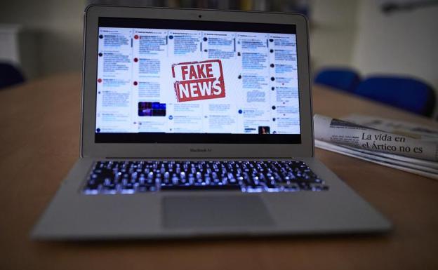 Una persona lee en su ordenador portátil una noticia falsa./e. p.