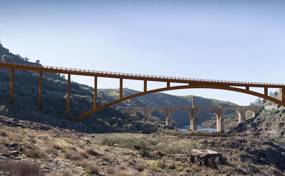 Recreación informática del nuevo viaducto sobre el río Tajo, y detrás, el puente romano de Alcántara. Les separarán unos 200 metros. /ESTUDIO AIA