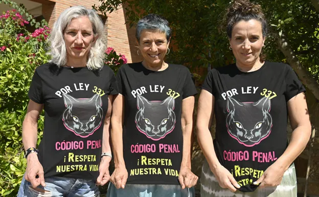 Ángela Ardila, Mari Luz Alonso y Mari Carmen Lozano con las camisetas de 'Movimiento Gato Urbano'. /J. V. A.
